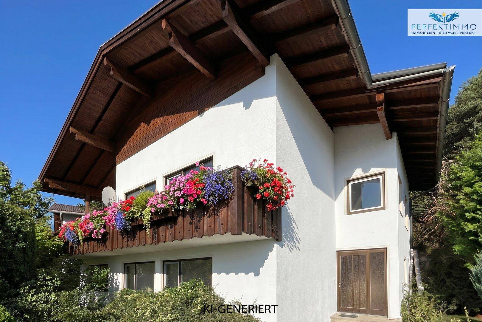 Charmante Hausfassade mit blumengeschmücktem Holzbalkon und traditionellem Satteldach.