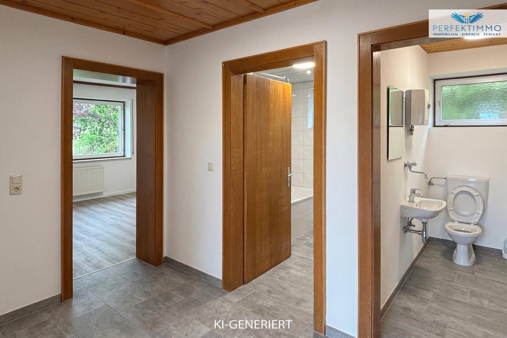Flur mit Holztüren und Holzdecke, der zu verschiedenen Räumen führt, inklusive Bad und WC.