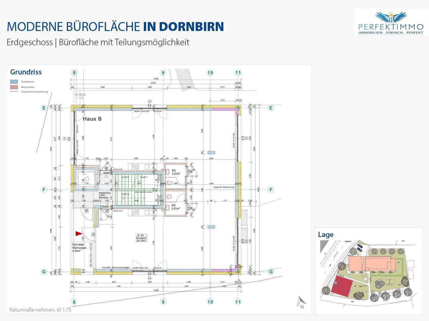 Grundriss einer modernen Bürofläche in Dornbirn mit Teilungsmöglichkeit und Lageplan.