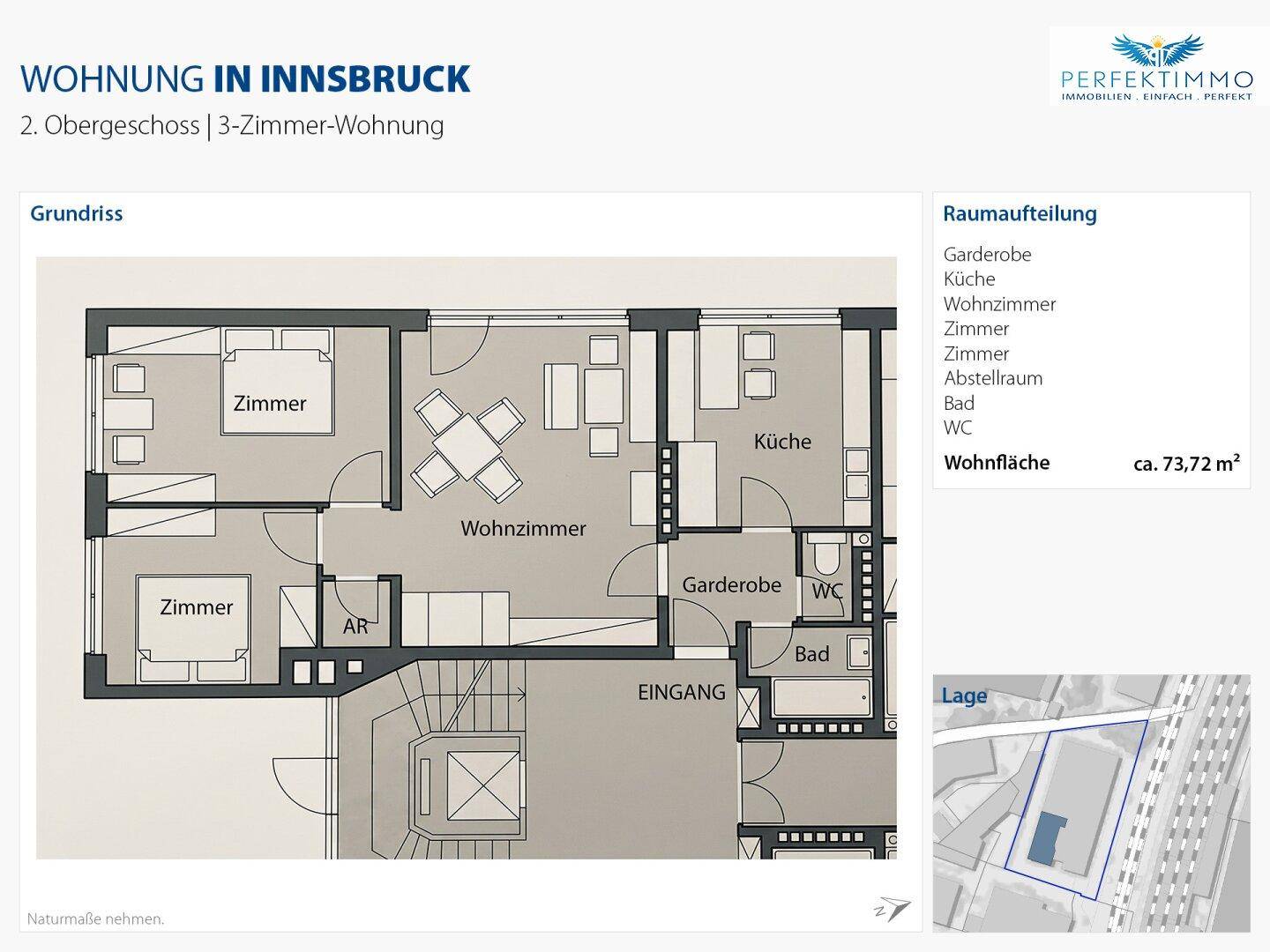 Grundriss einer 3-Zimmer-Wohnung im 2. Obergeschoss mit Balkon und separatem WC.