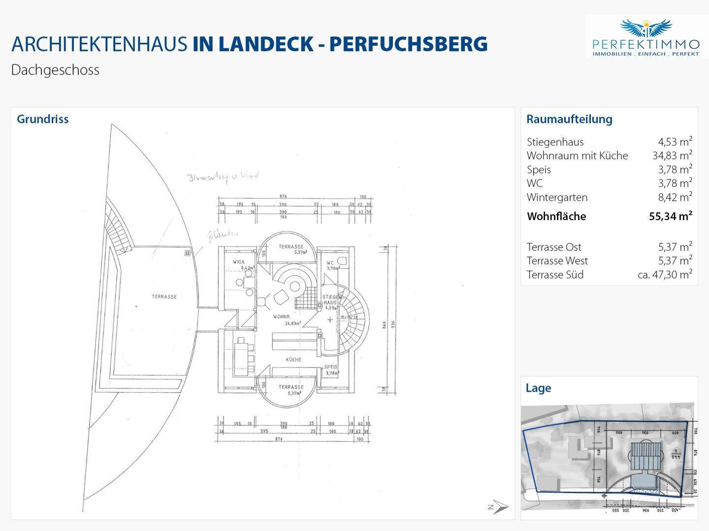 Grundriss des Dachgeschosses mit Wohnraum, Küche, Wintergarten und Terrassen.