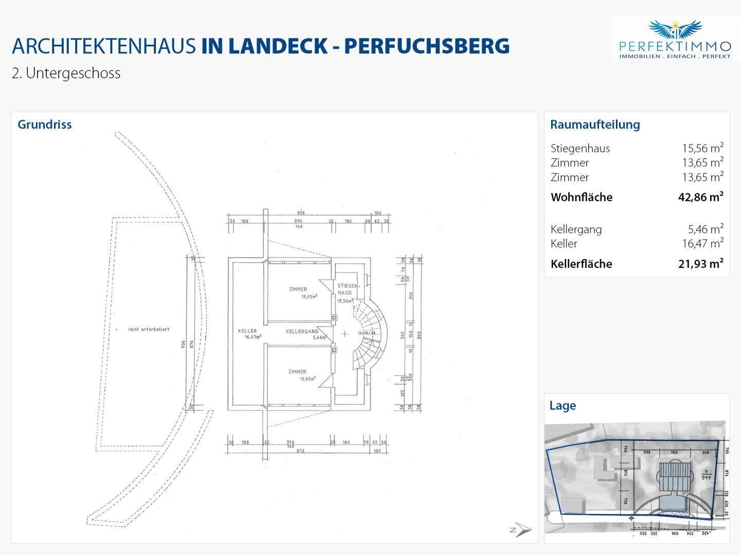 Grundriss des zweiten Untergeschosses mit Zimmern und Kellerbereichen.