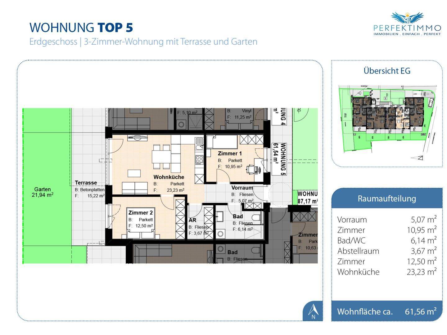 Grundriss einer 3-Zimmer-Wohnung im Erdgeschoss mit offener Wohnküche, zwei Bädern, Terrasse und Garten.