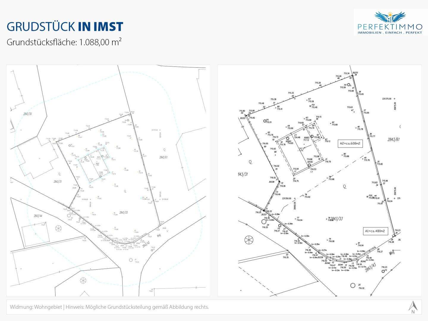 Katasterpläne des Grundstücks in Imst mit eingezeichneten Grenzen und der Gesamtfläche von 1.088 m².