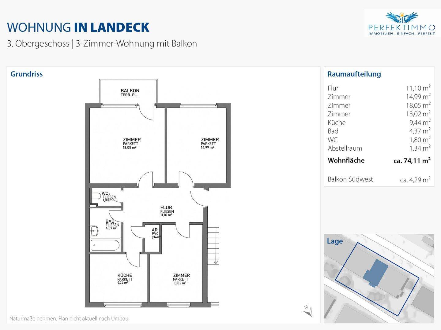 Grundriss einer 3-Zimmer-Wohnung im 3. Obergeschoss mit Balkon und detaillierter Raumaufteilung.