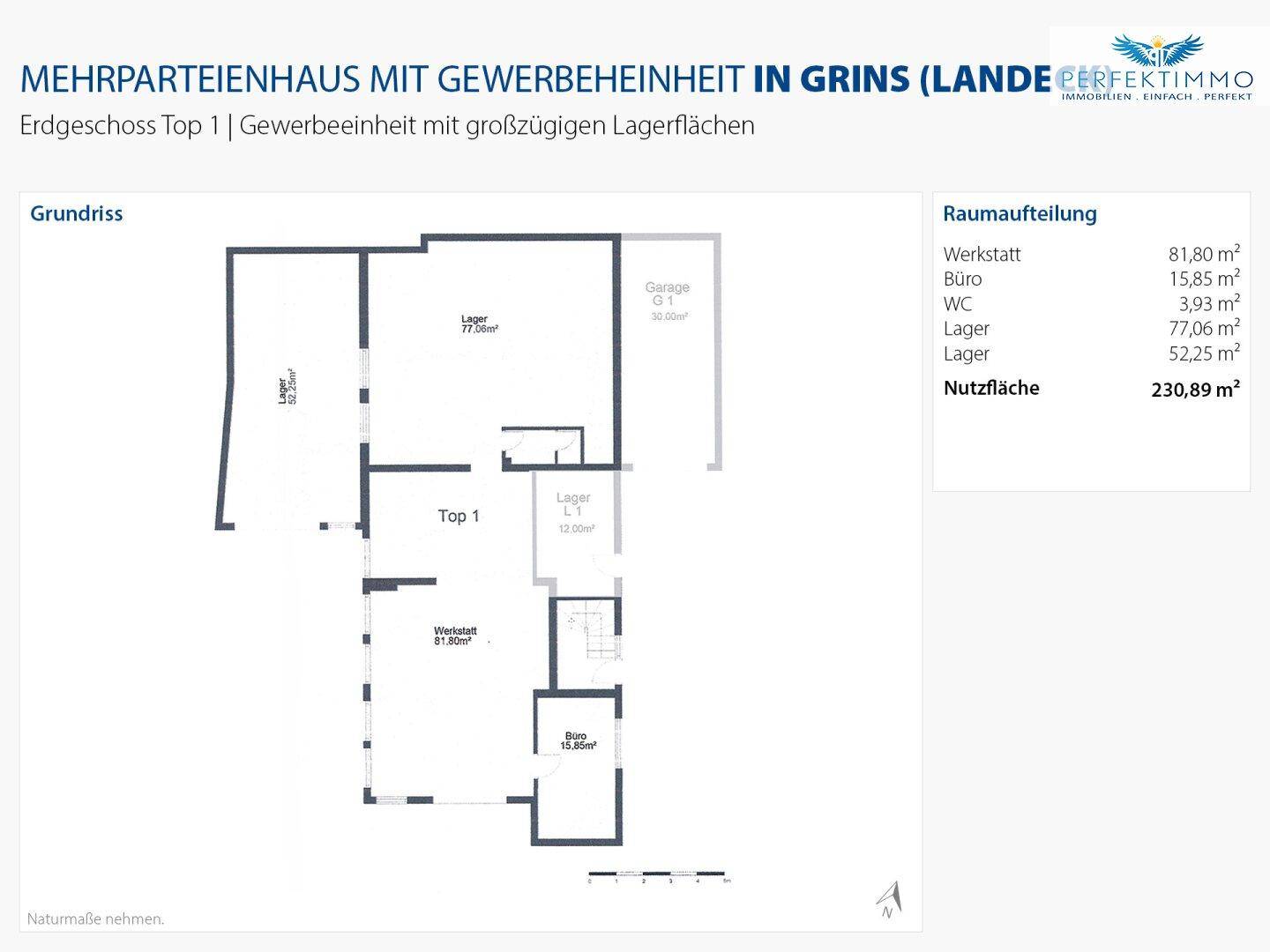 Grundriss des Erdgeschosses mit Werkstatt, Büro und Lagerräumen, zeigt die Raumaufteilung.