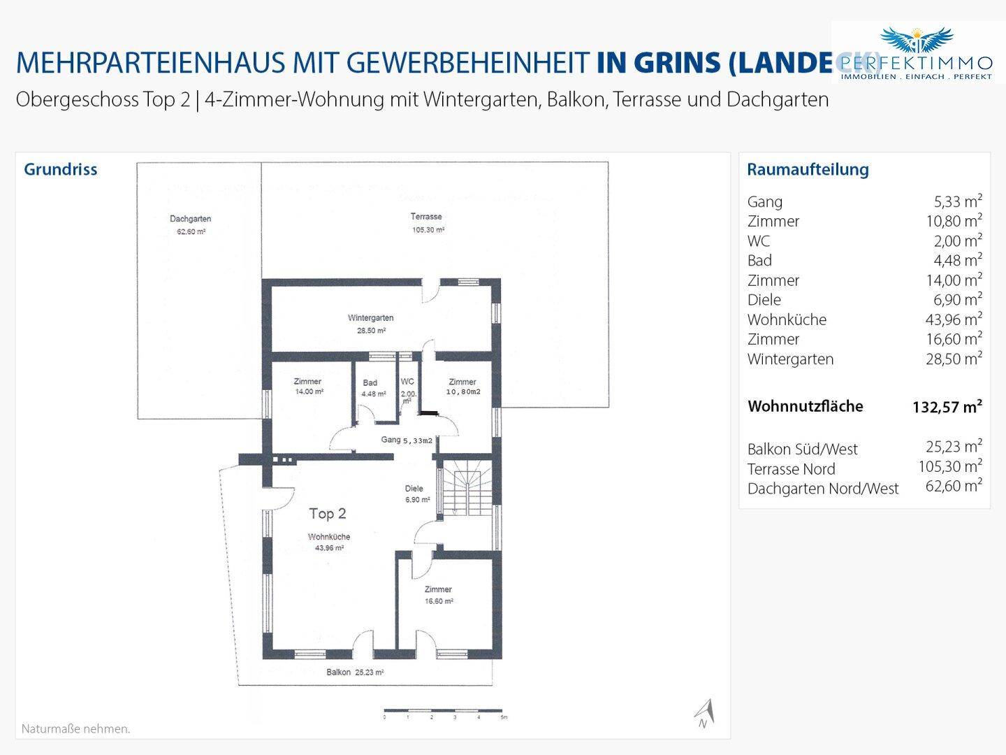 Grundriss der Obergeschosswohnung mit Wintergarten, Balkon, Terrasse und Dachgarten.