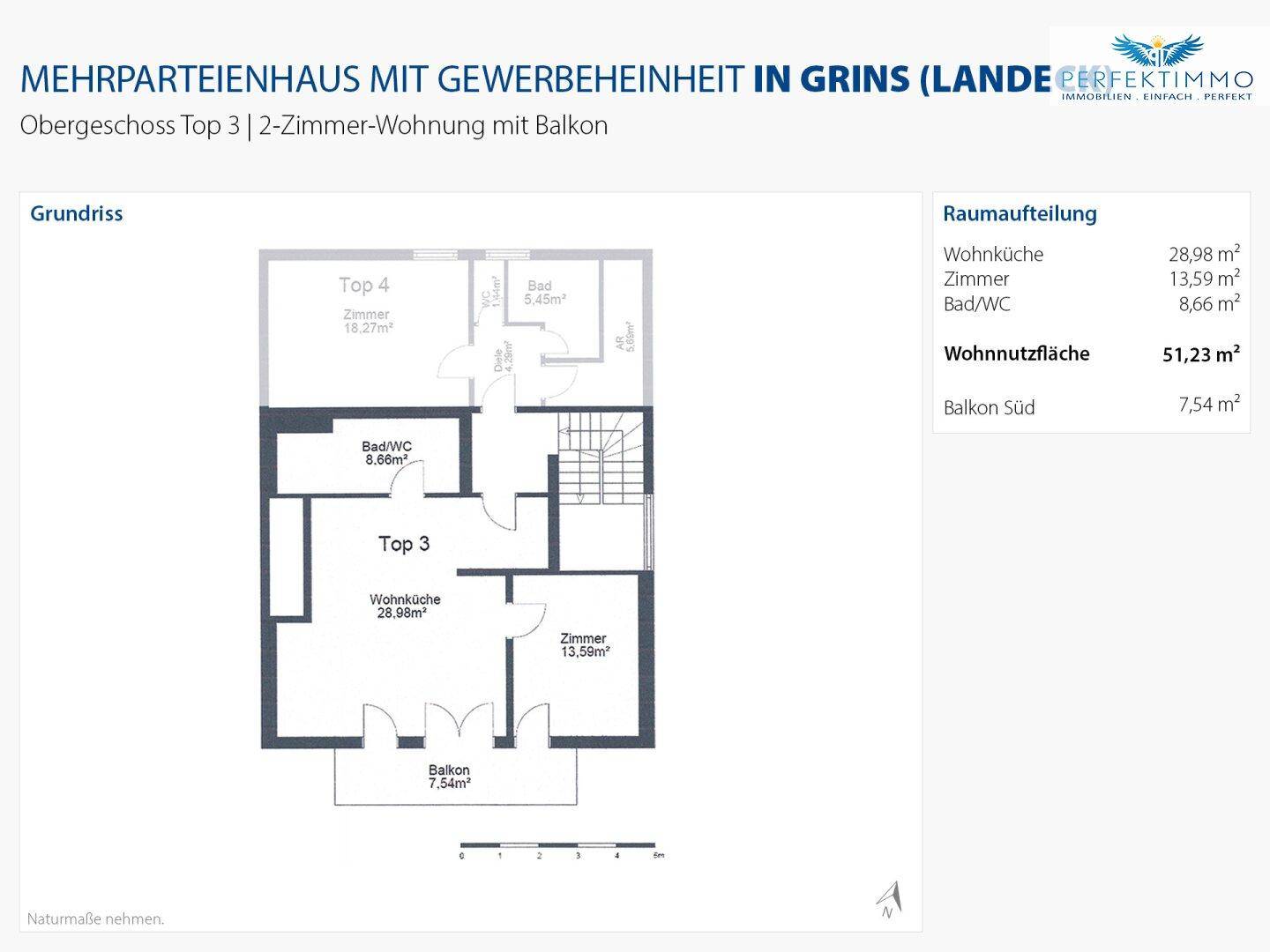 Grundriss der Obergeschosswohnung mit zwei Zimmern und einem Balkon, zeigt die Aufteilung.