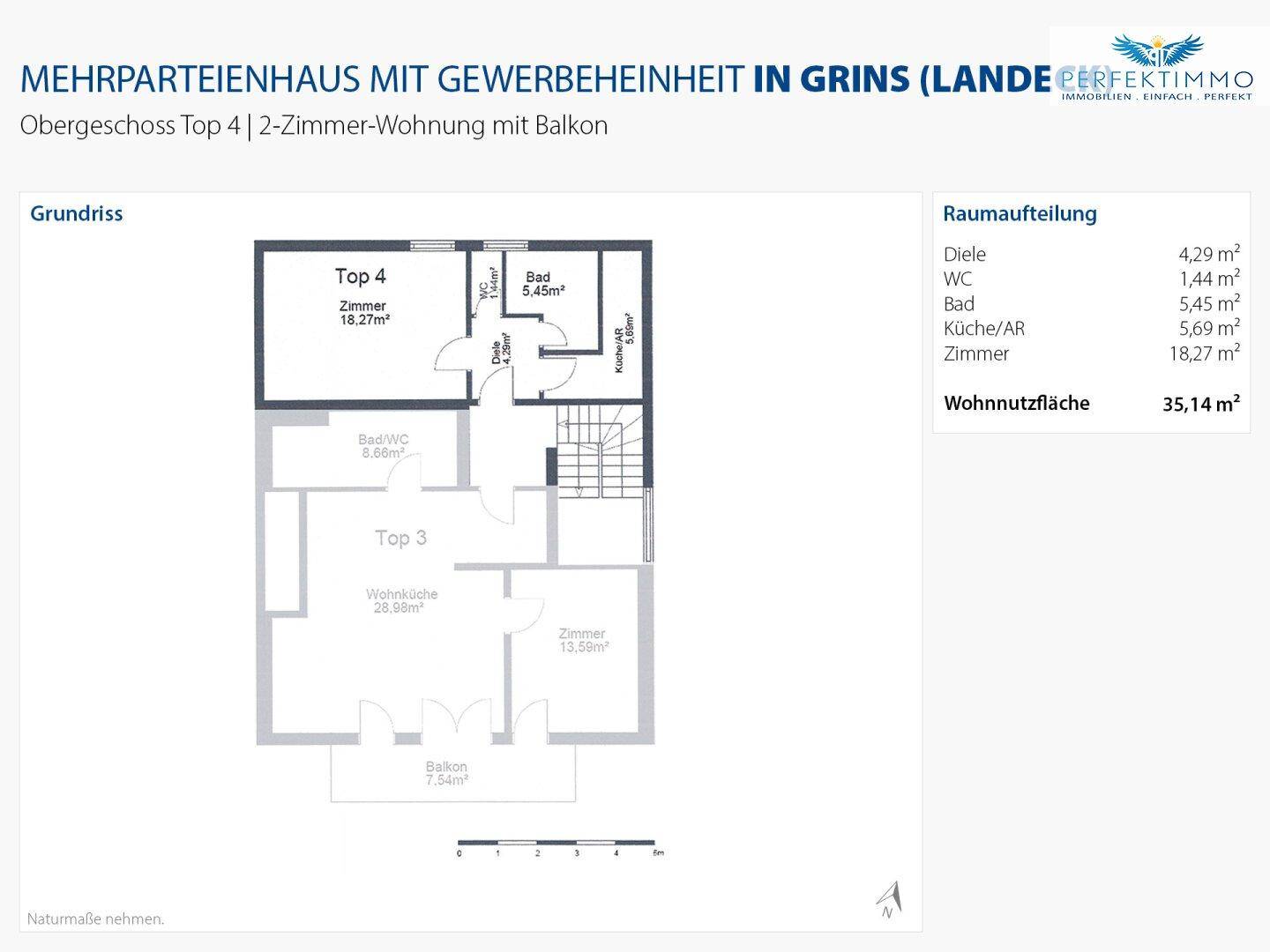 Grundriss der Obergeschosswohnung mit zwei Zimmern und einem Balkon, übersichtliche Darstellung.
