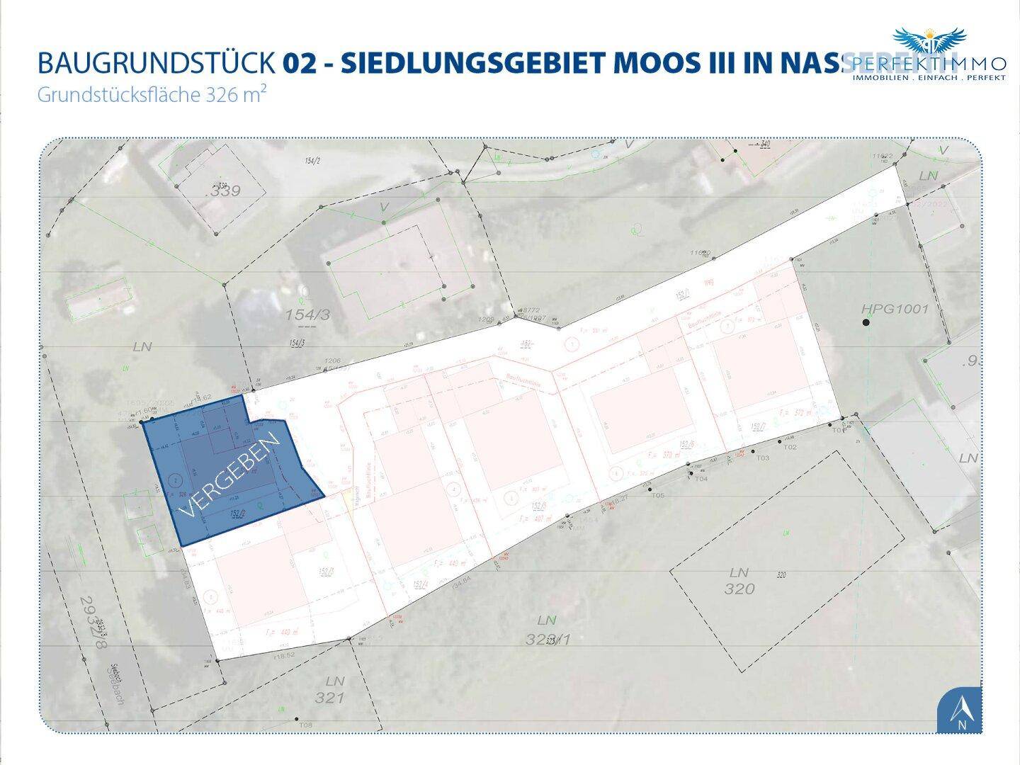 Lageplan des Baugrundstücks 02 im Siedlungsgebiet Moos III, welches bereits vergeben ist.