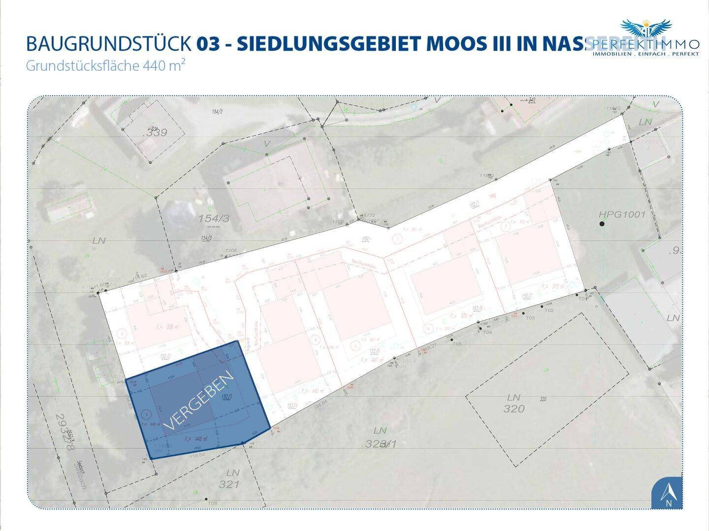 Übersichtsplan des Baugrundstücks 03 im Siedlungsgebiet Moos III, das bereits vergeben ist.