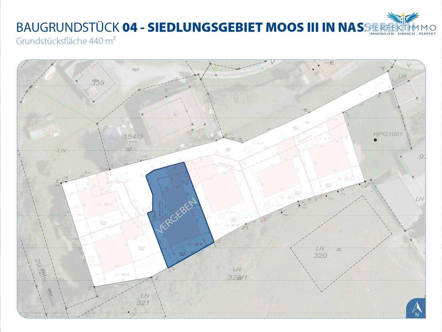 Katasterplan des Baugrundstücks 04 im Siedlungsgebiet Moos III, welches als vergeben markiert ist.