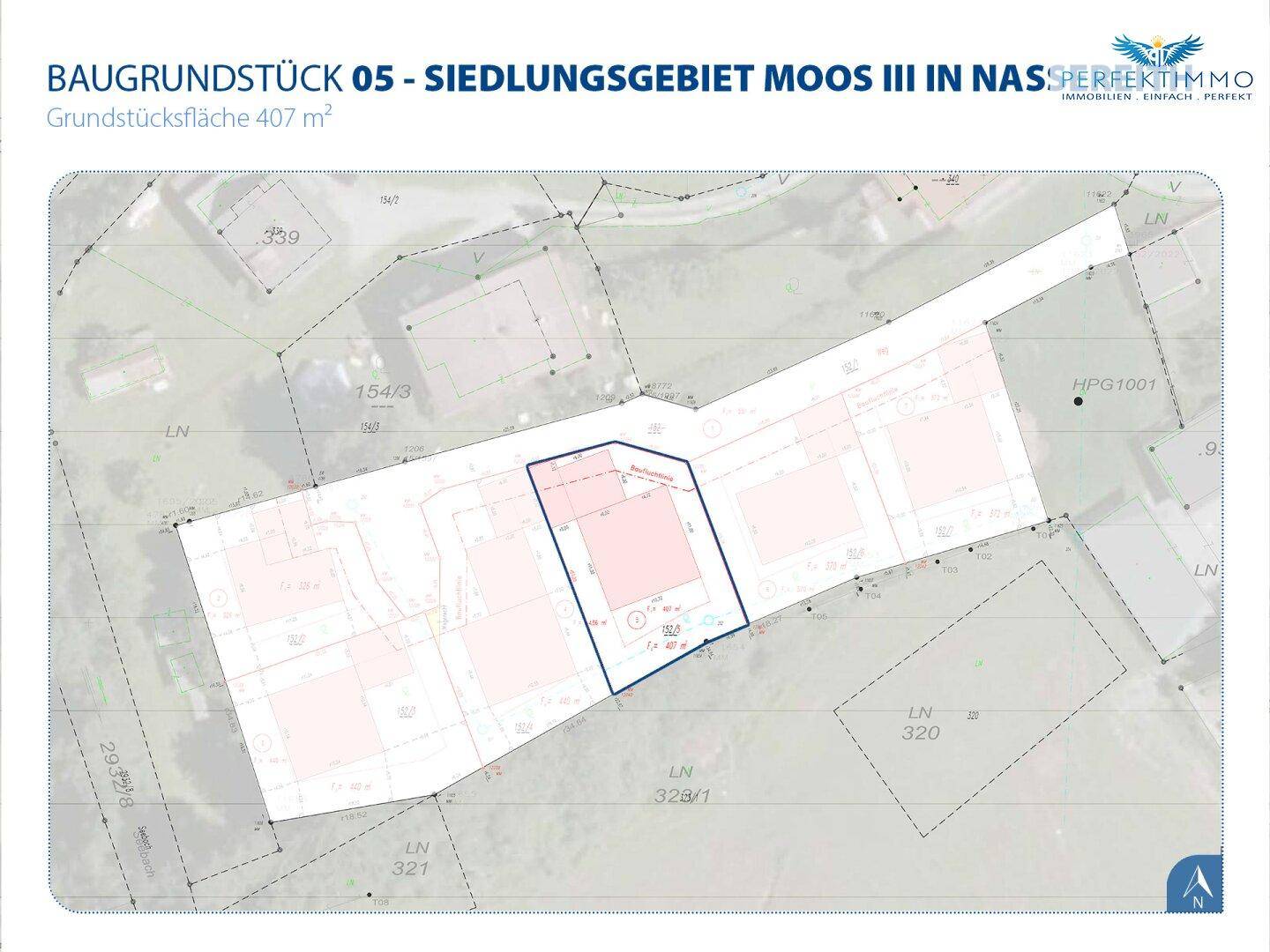 Lageplan des Baugrundstücks 05 im Siedlungsgebiet Moos III mit eingezeichneter Parzelle.
