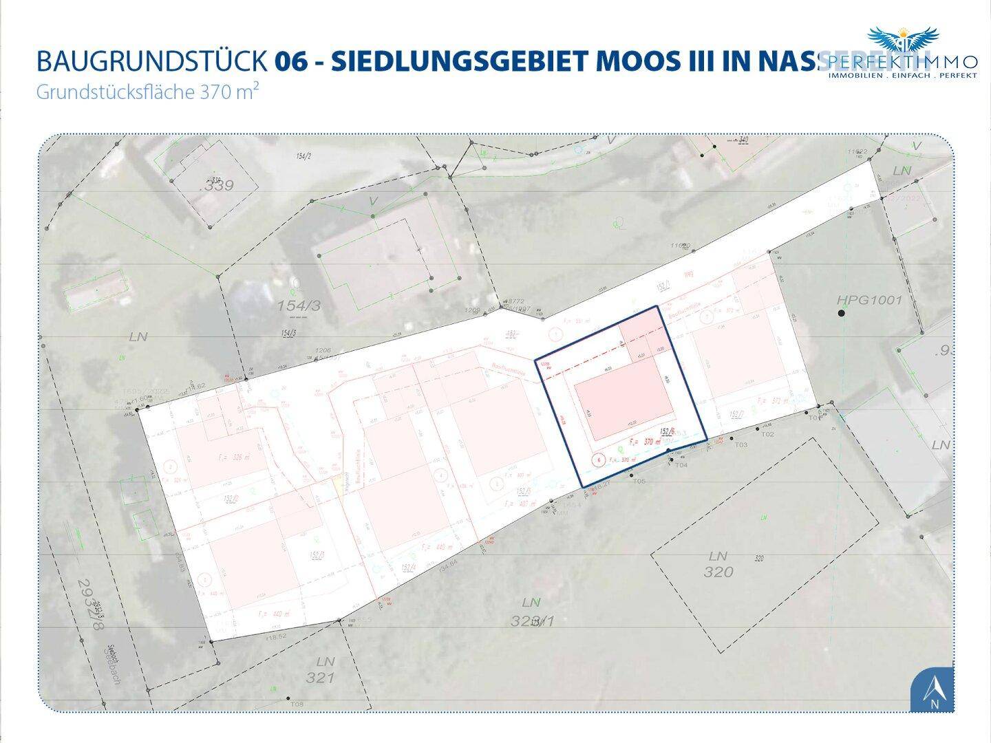 Übersichtsplan des Baugrundstücks 06 im Siedlungsgebiet Moos III mit klarer Abgrenzung.