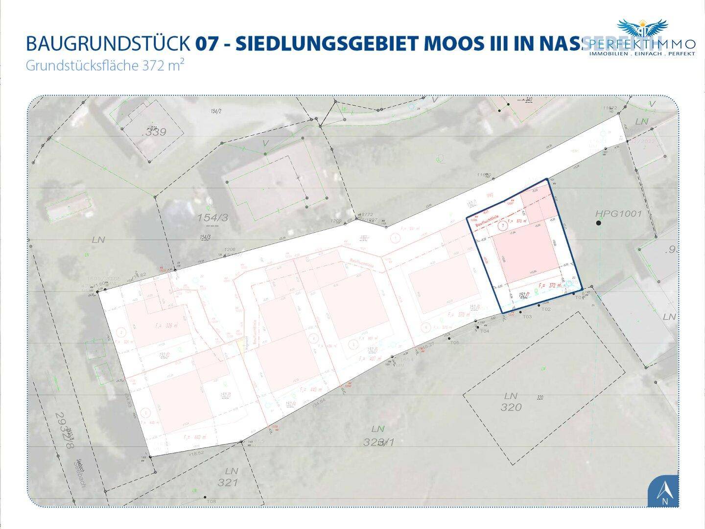 Katasterplan des Baugrundstücks 07 im Siedlungsgebiet Moos III, das zum Verkauf steht.