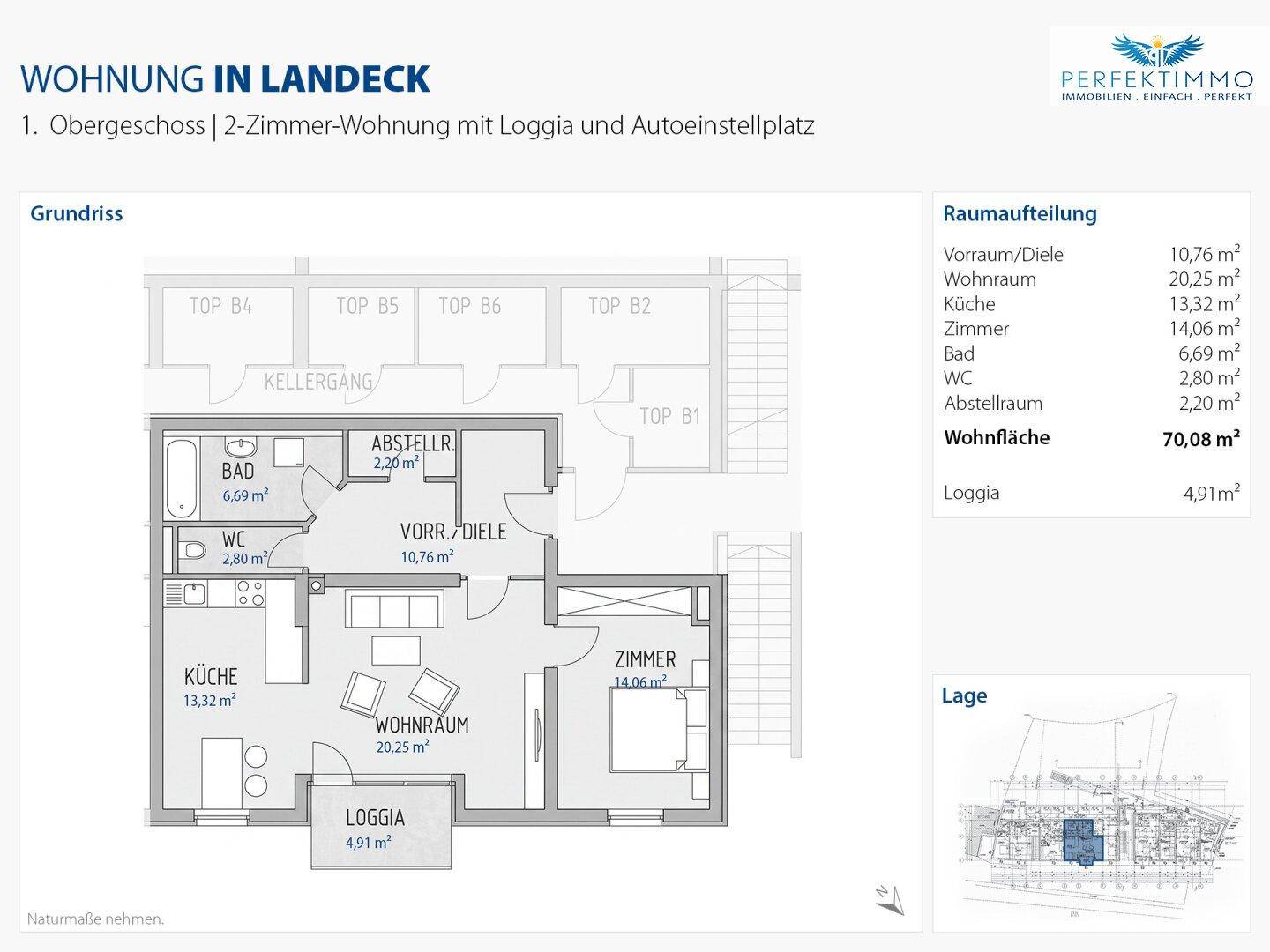 Grundriss einer 2-Zimmer-Wohnung in Landeck mit Loggia und Autoabstellplatz.