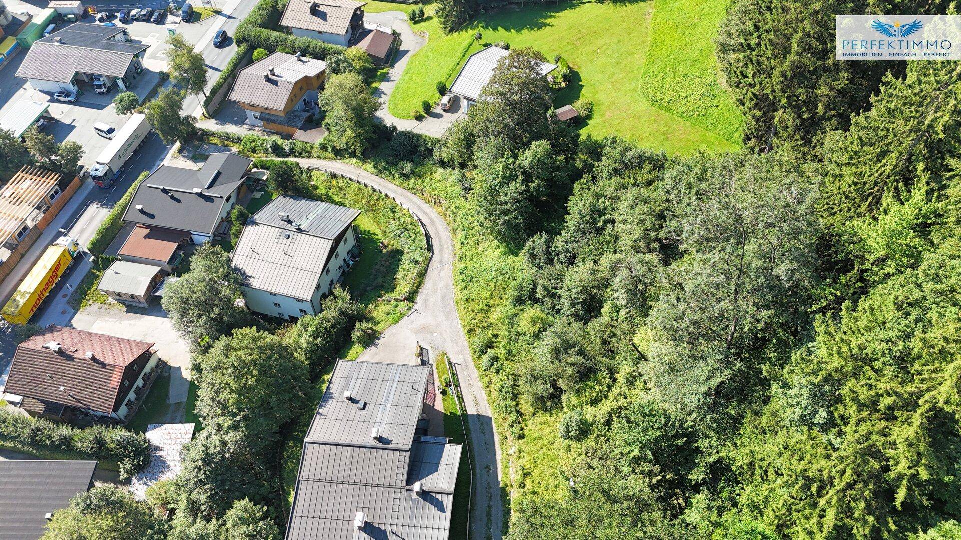Überblick über eine Wohnsiedlung mit Häusern, einer Straße und angrenzendem Waldgebiet.