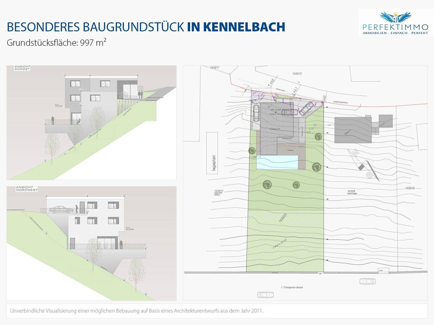 Architektonische Ansichten eines modernen Gebäudes mit zugehörigem Lageplan und Pool.