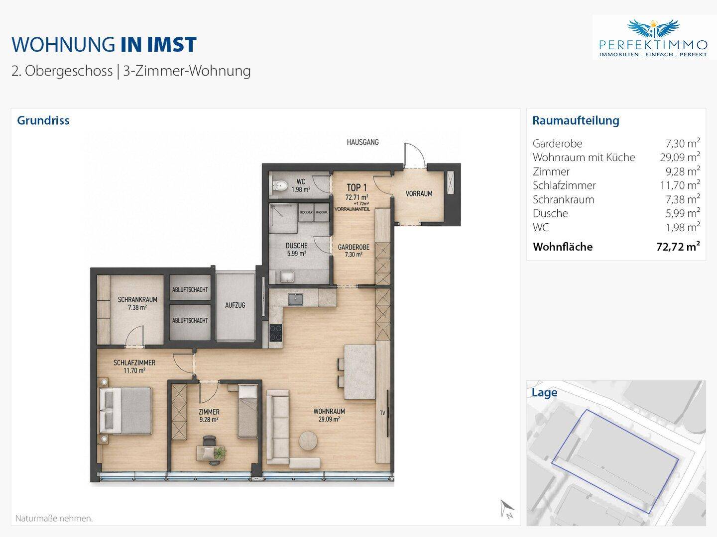 Grundriss einer 3-Zimmer-Wohnung im 2. Obergeschoss mit offenem Wohnbereich und Balkon.