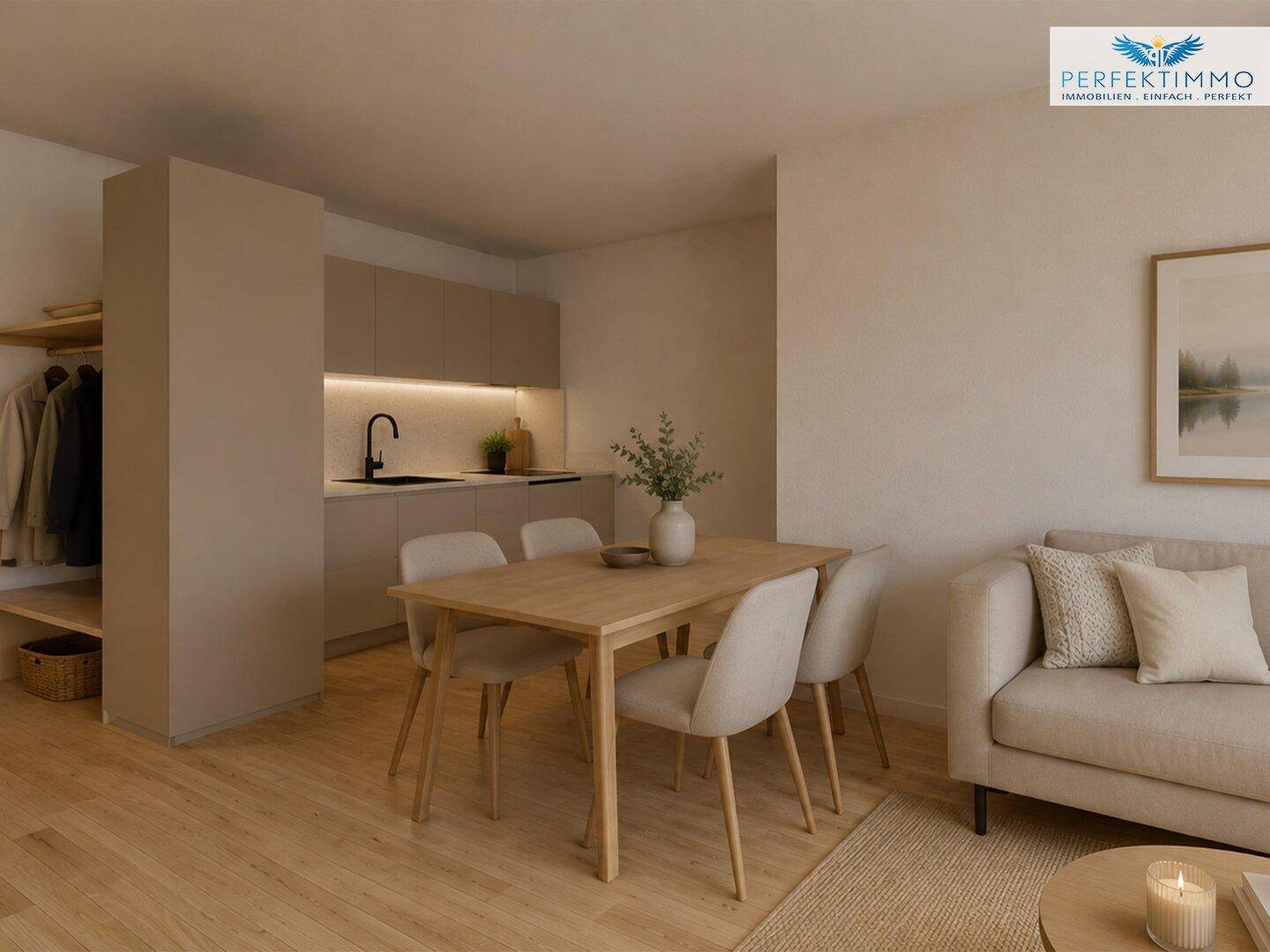 Moderne Einbauküche in offenem Wohnbereich mit Essplatz und Holzboden.