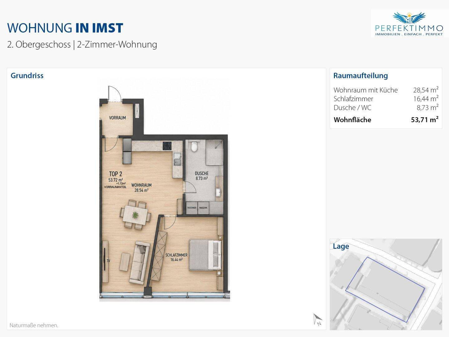 Grundriss einer 2-Zimmer-Wohnung im 2. Obergeschoss mit offener Raumaufteilung und Balkon.