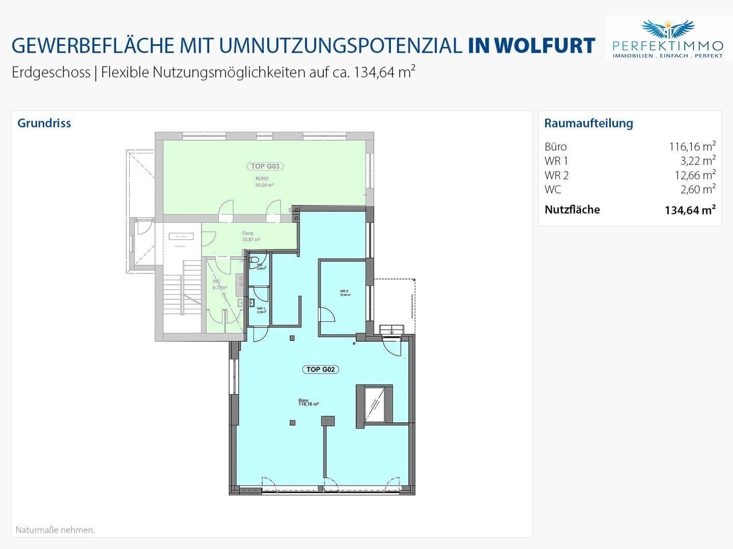Grundriss des Erdgeschosses mit flexiblen Gewerbeflächen, offenem Layout und einem WC-Bereich.