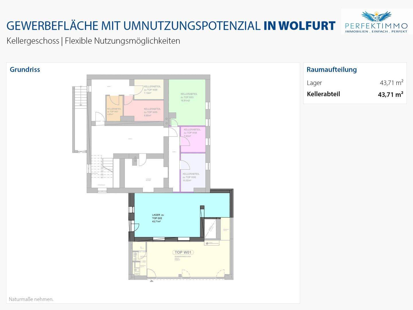 Grundriss des Kellergeschosses mit Lagerflächen und Kellerräumen für zusätzliche Nutzungsmöglichkeiten.