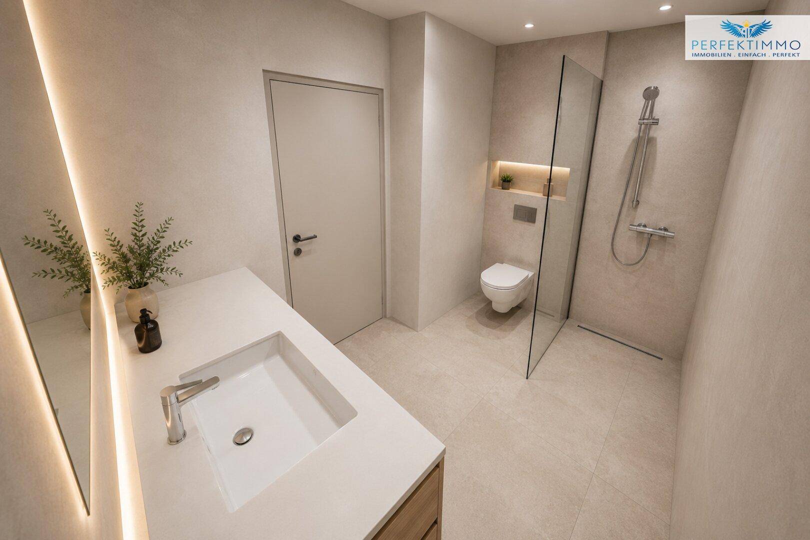 Modernes Badezimmer mit ebenerdiger Dusche, wandhängendem WC und elegantem Waschtisch.