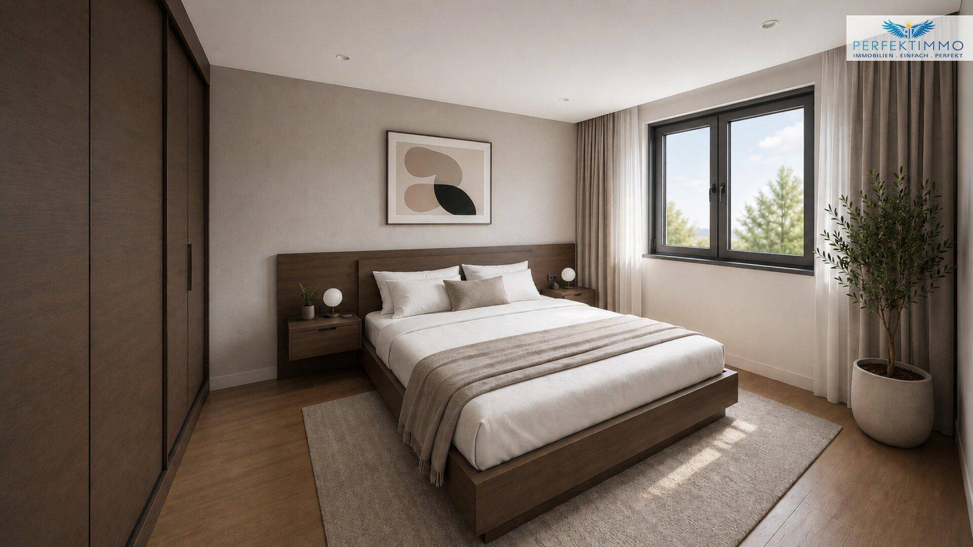 Modernes Schlafzimmer mit Doppelbett, Einbauschrank und großem Fenster mit Blick ins Grüne.
