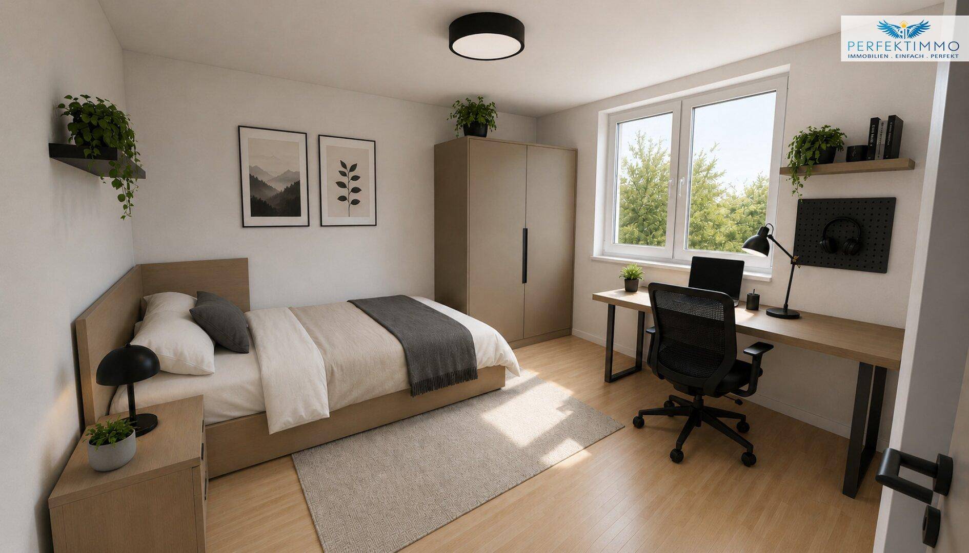 Helles Schlafzimmer mit Einzelbett, Schreibtisch und Kleiderschrank, ideal als Gäste- oder Kinderzimmer.
