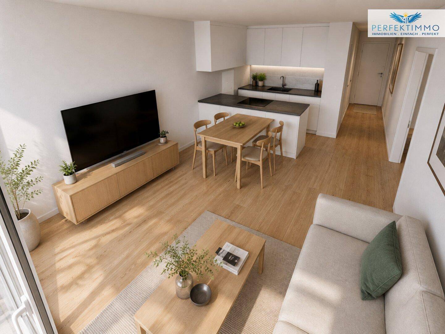 Offener Wohn-Essbereich mit integrierter Küche, modernem Sofa und Esstisch für gesellige Stunden.