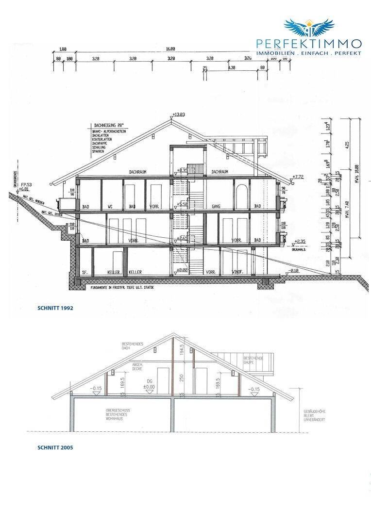 Gebäudeschnitte von 1992 und 2005 zeigen die interne Struktur und Dachneigung des Hauses.