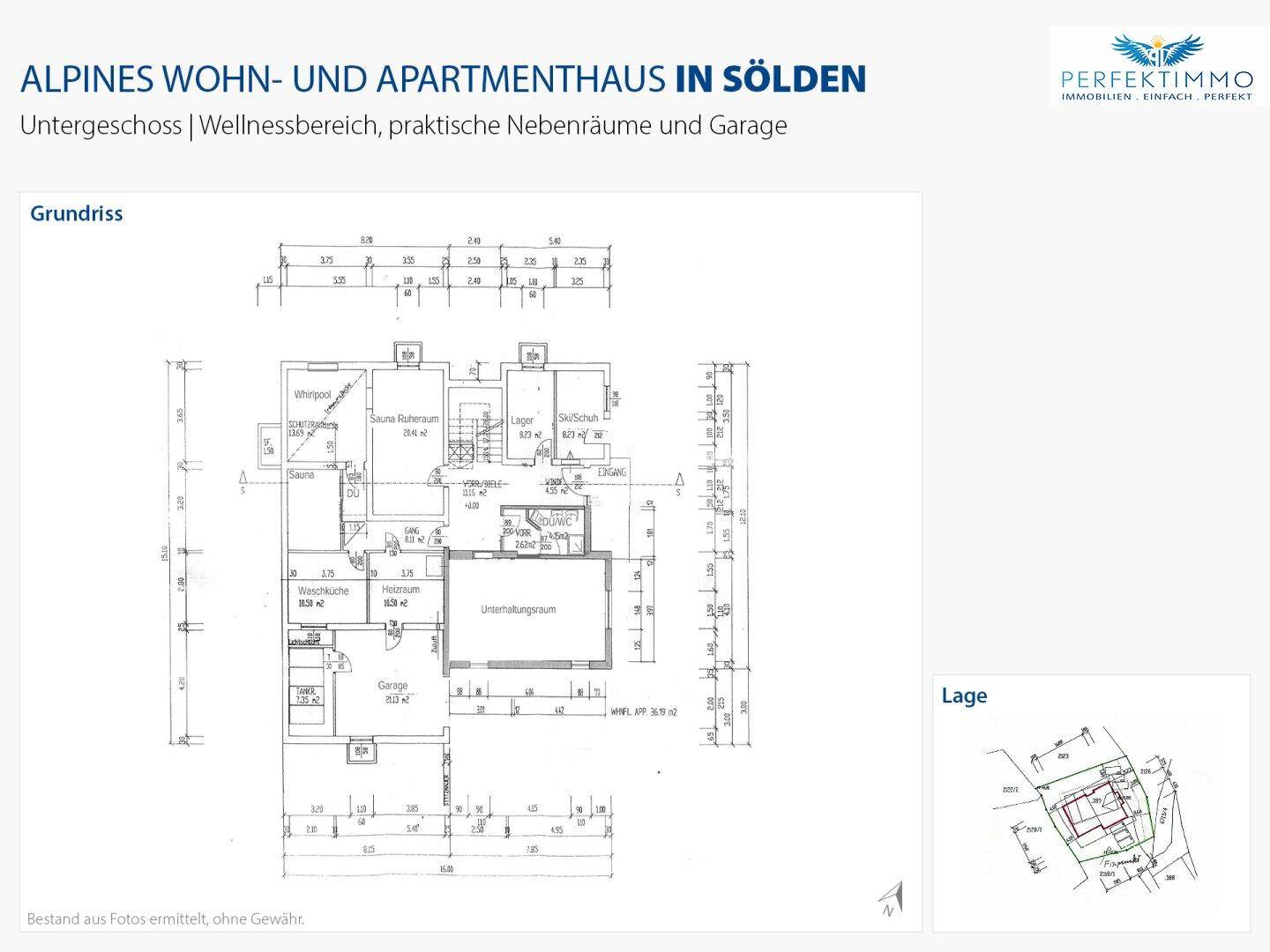 Grundriss des Untergeschosses mit Wellnessbereich, Garage und praktischen Nebenräumen für das Gebäude.