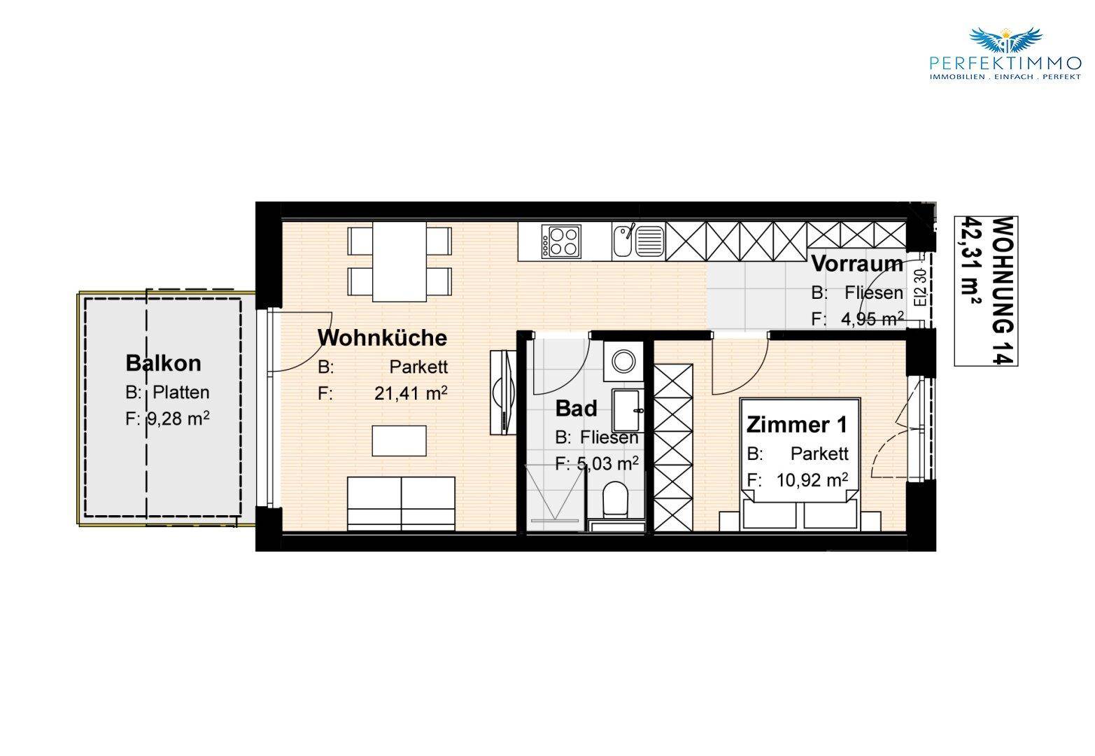 Detaillierter Grundriss einer Wohnung mit offener Wohnküche, einem Schlafzimmer und Balkon.