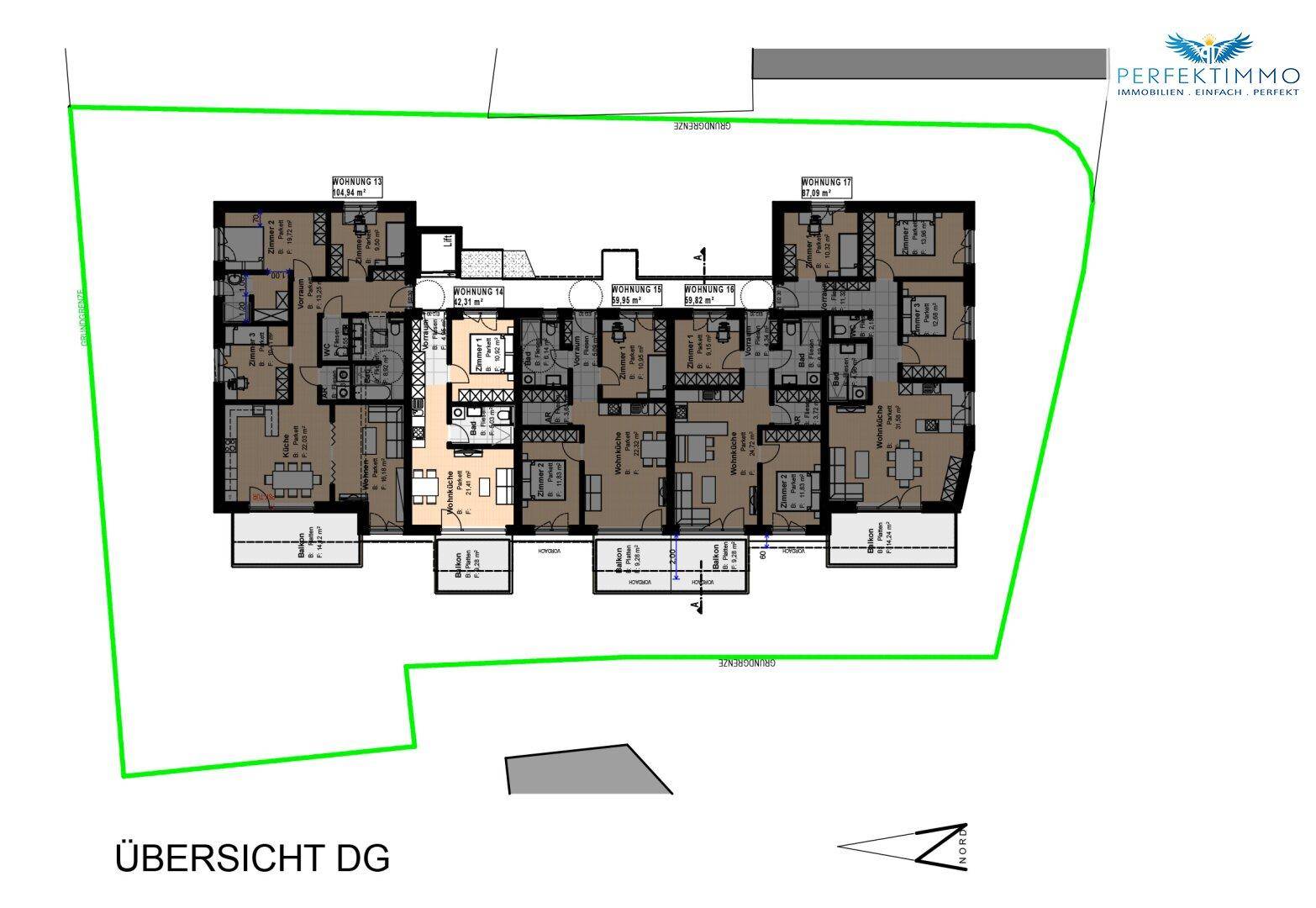 Übersichts-Grundriss des Dachgeschosses mit mehreren Wohneinheiten und Grundstücksgrenze.