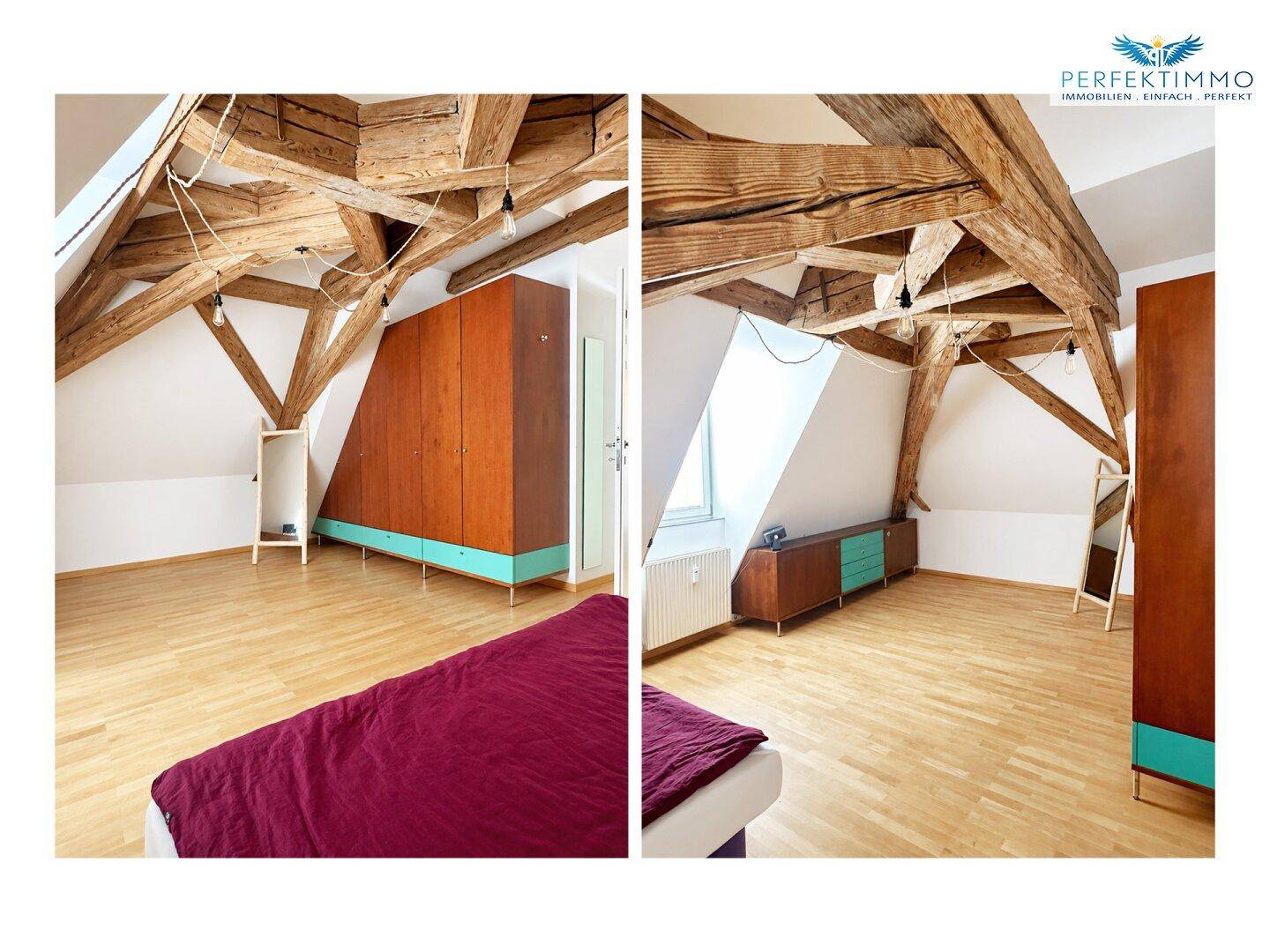Gemütliches Schlafzimmer im Dachgeschoss mit Holzbalken, schrägen Wänden und Einbauschränken.