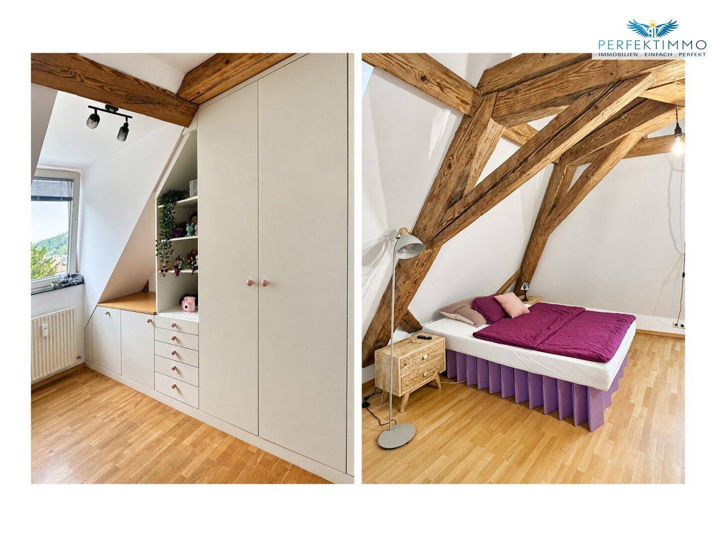 Helles Schlafzimmer im Dachgeschoss mit maßgefertigten Einbauschränken und Holzbalken.