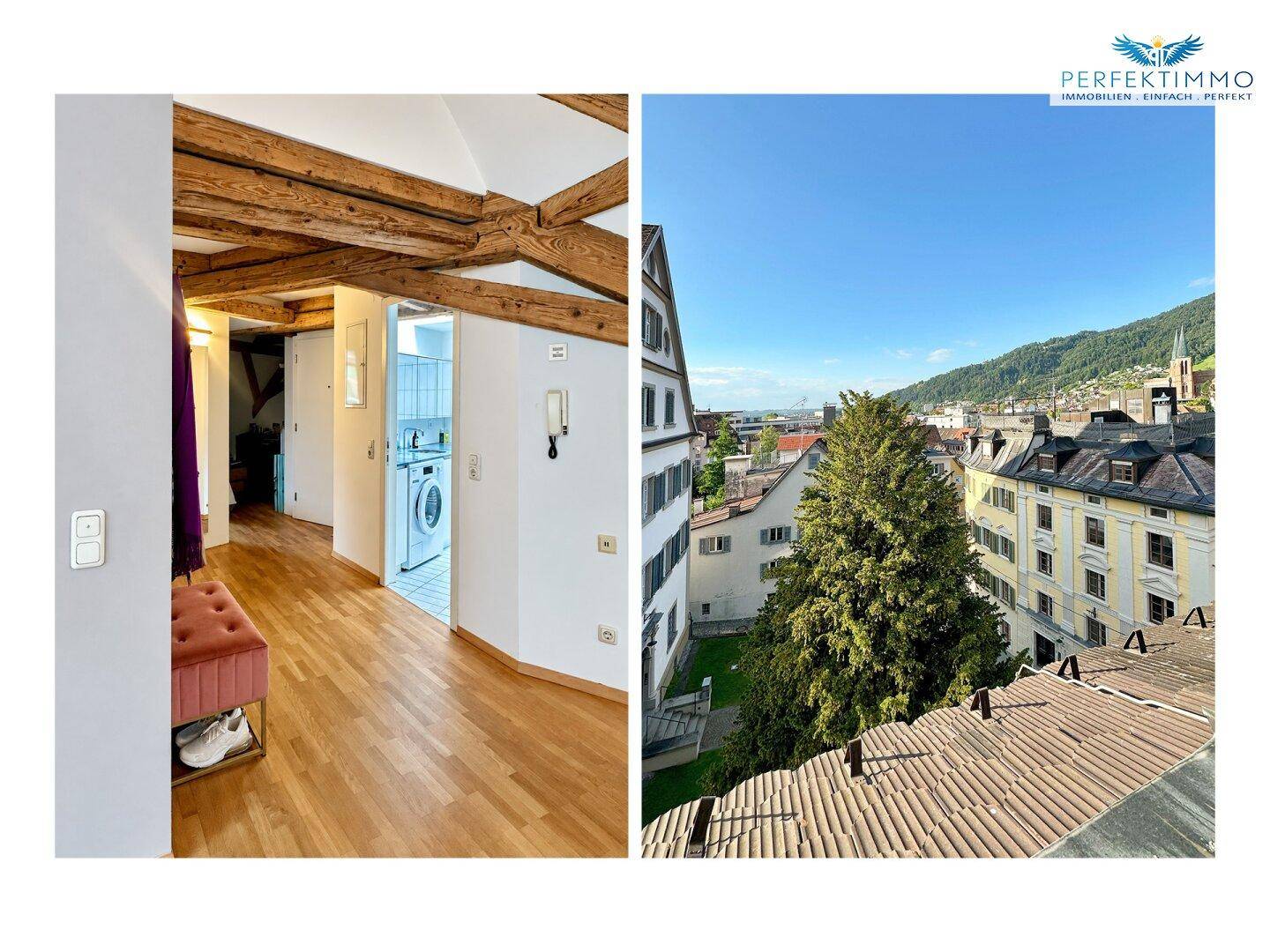 Innenansicht eines Flurs mit Waschmaschine und Blick auf die Stadt mit Bergen.