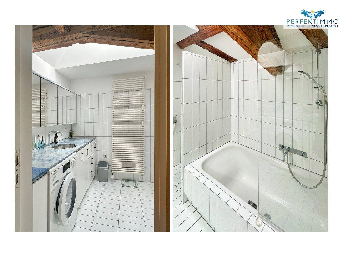Modernes Badezimmer mit Badewanne, Dusche, Waschbecken und integrierter Waschmaschine.