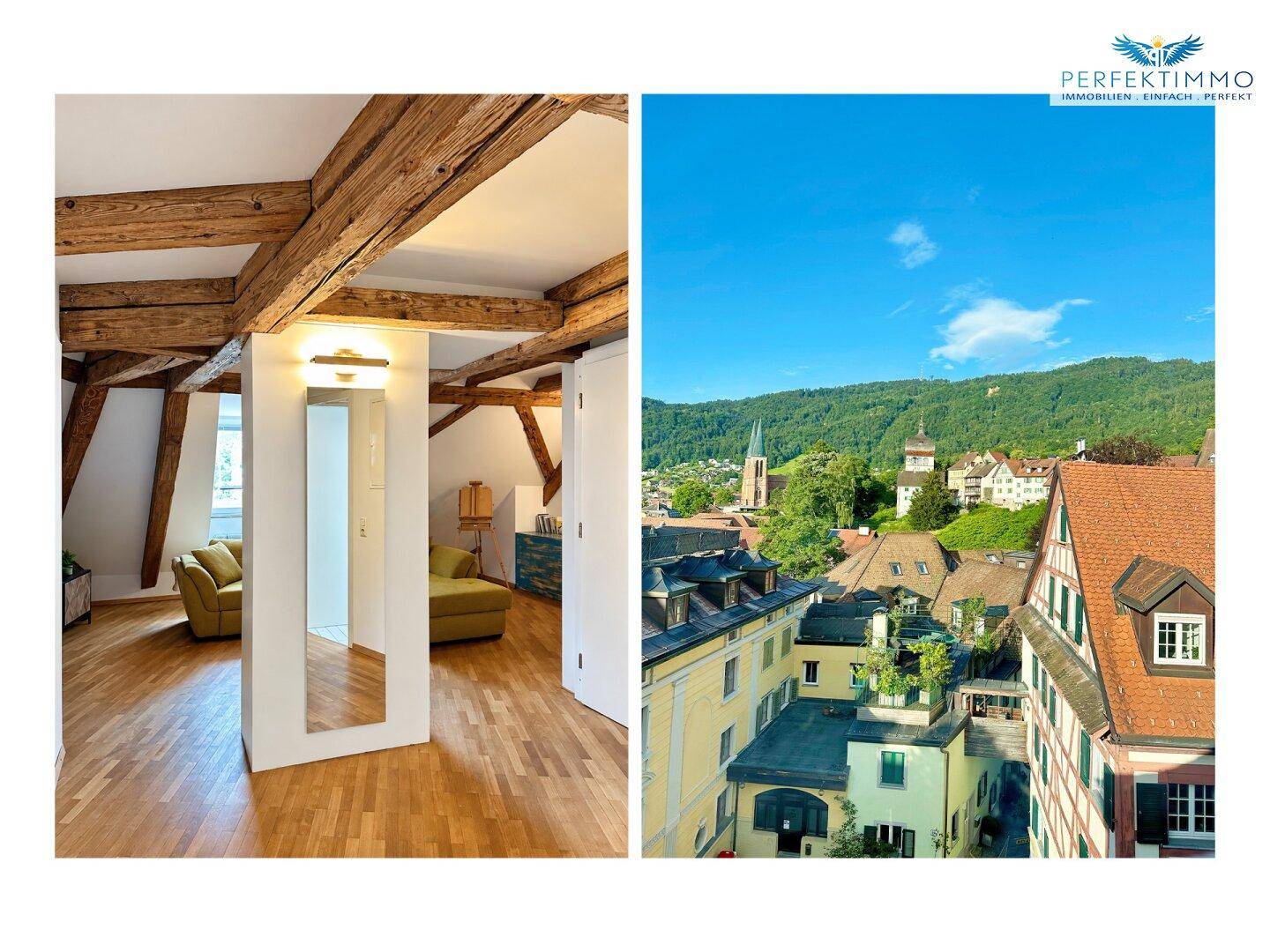 Innenansicht eines Flurs mit Spiegel und Panoramablick auf die Stadt und Berge.