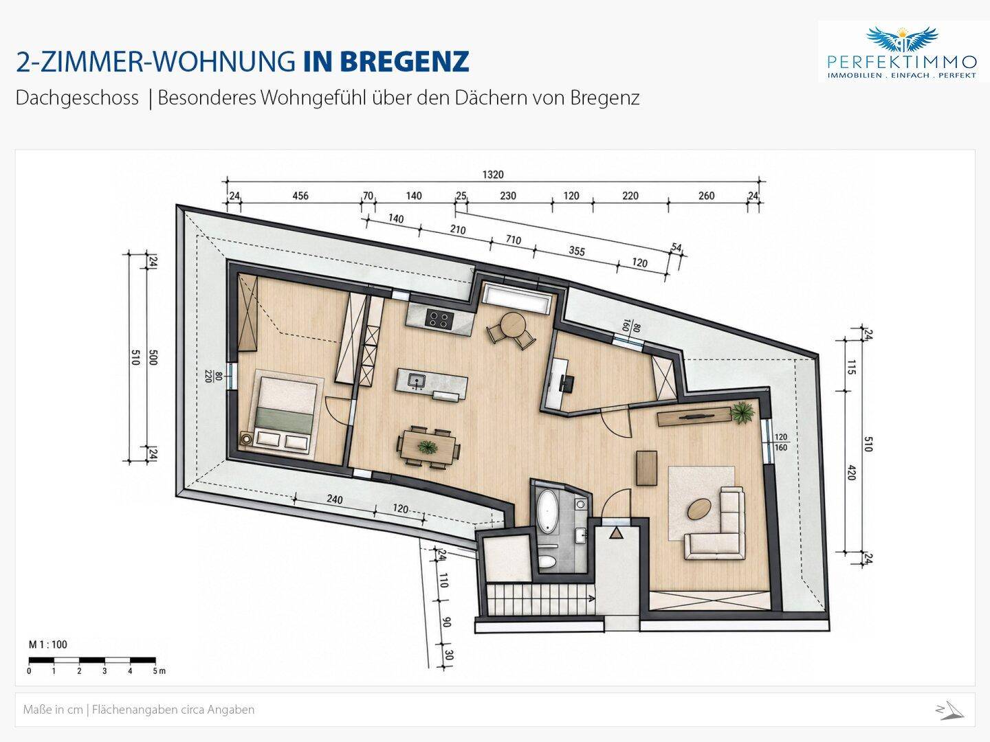Grundriss einer 2-Zimmer-Wohnung in Bregenz mit Dachschrägen und offener Raumaufteilung.