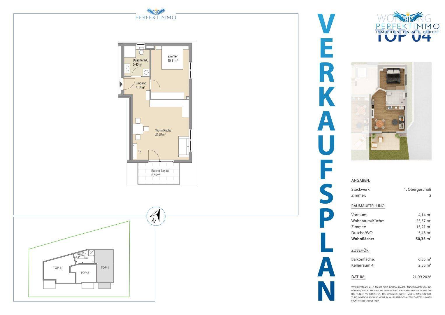 Grundriss des Obergeschosses mit offener Wohnküche, Schlafzimmer, Bad und Balkon.