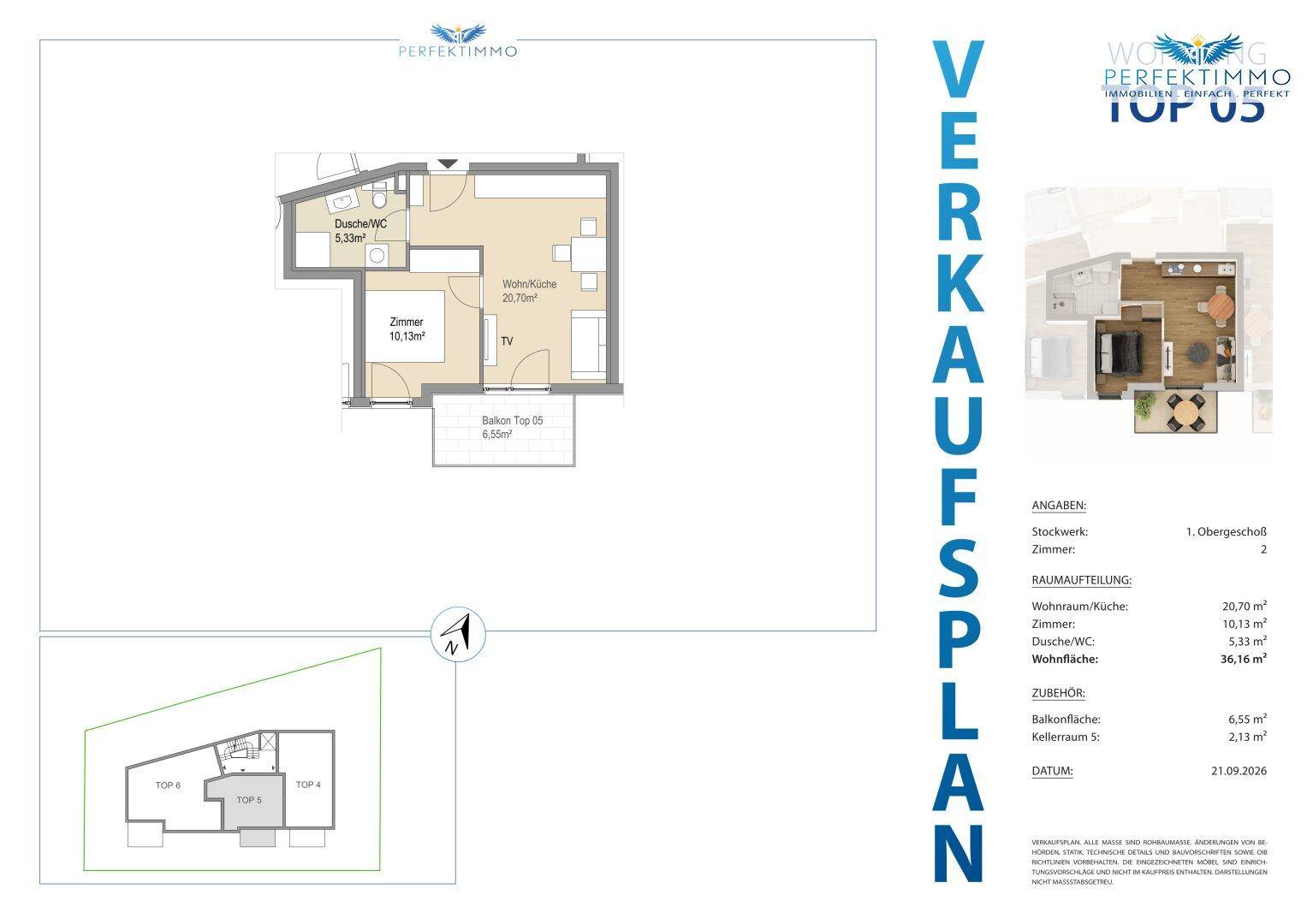 Grundriss für eine Wohnung mit offener Wohnküche, einem Zimmer, Duschbad und Balkon.