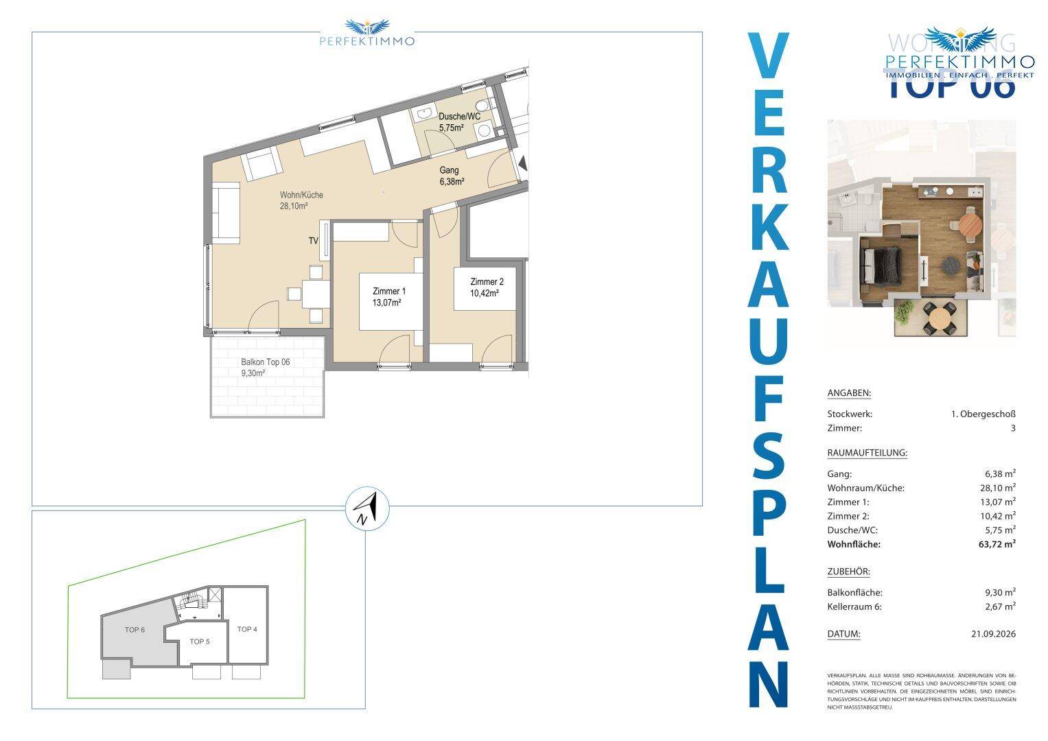 Grundrissplan einer Wohnung mit offenem Wohn-/Kochbereich, zwei Zimmern, Bad und Balkon.
