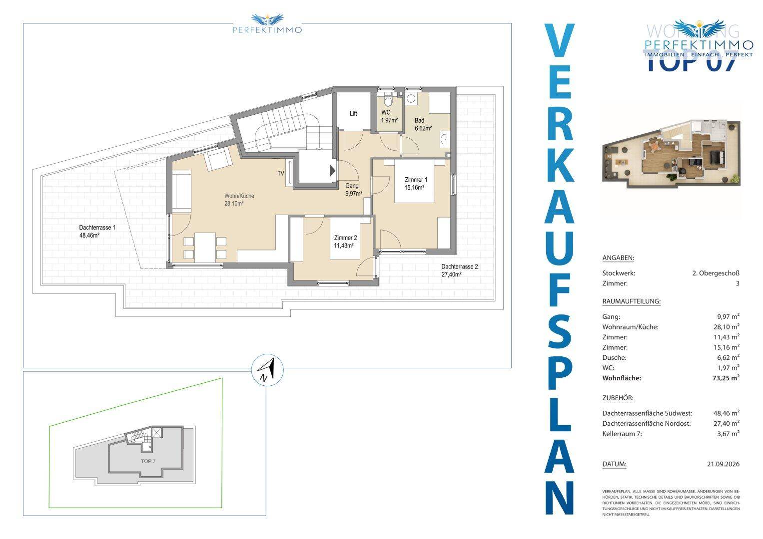 Grundriss des Obergeschosses mit Wohnküche, zwei Schlafzimmern, Bad, WC und zwei Dachterrassen.
