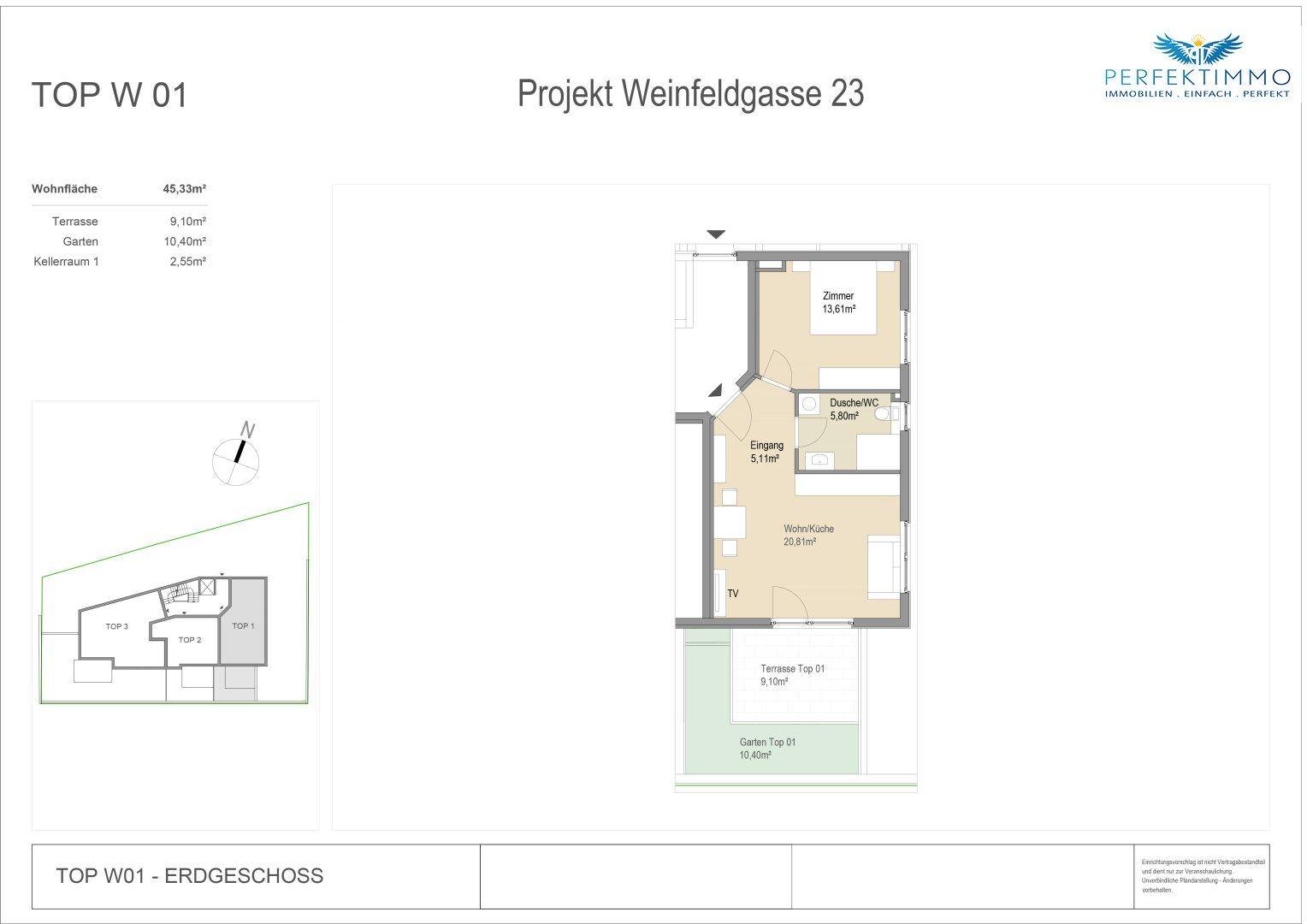 Grundriss einer Erdgeschosswohnung mit offener Wohnküche, Schlafzimmer, Duschbad, Terrasse und Garten.