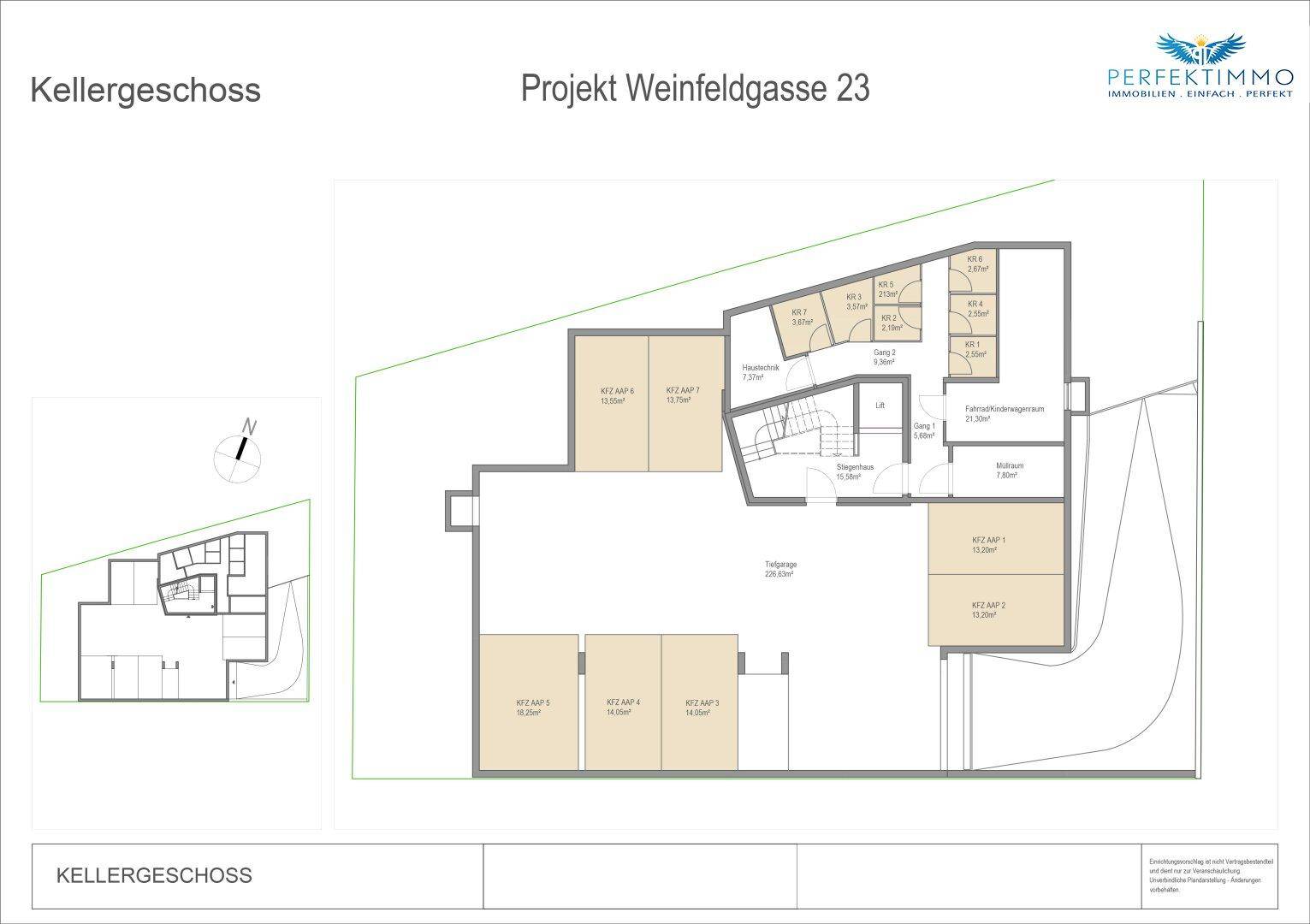 Grundriss des Kellergeschosses mit Abstellräumen, Fahrradraum, Technikraum und Liftzugang.