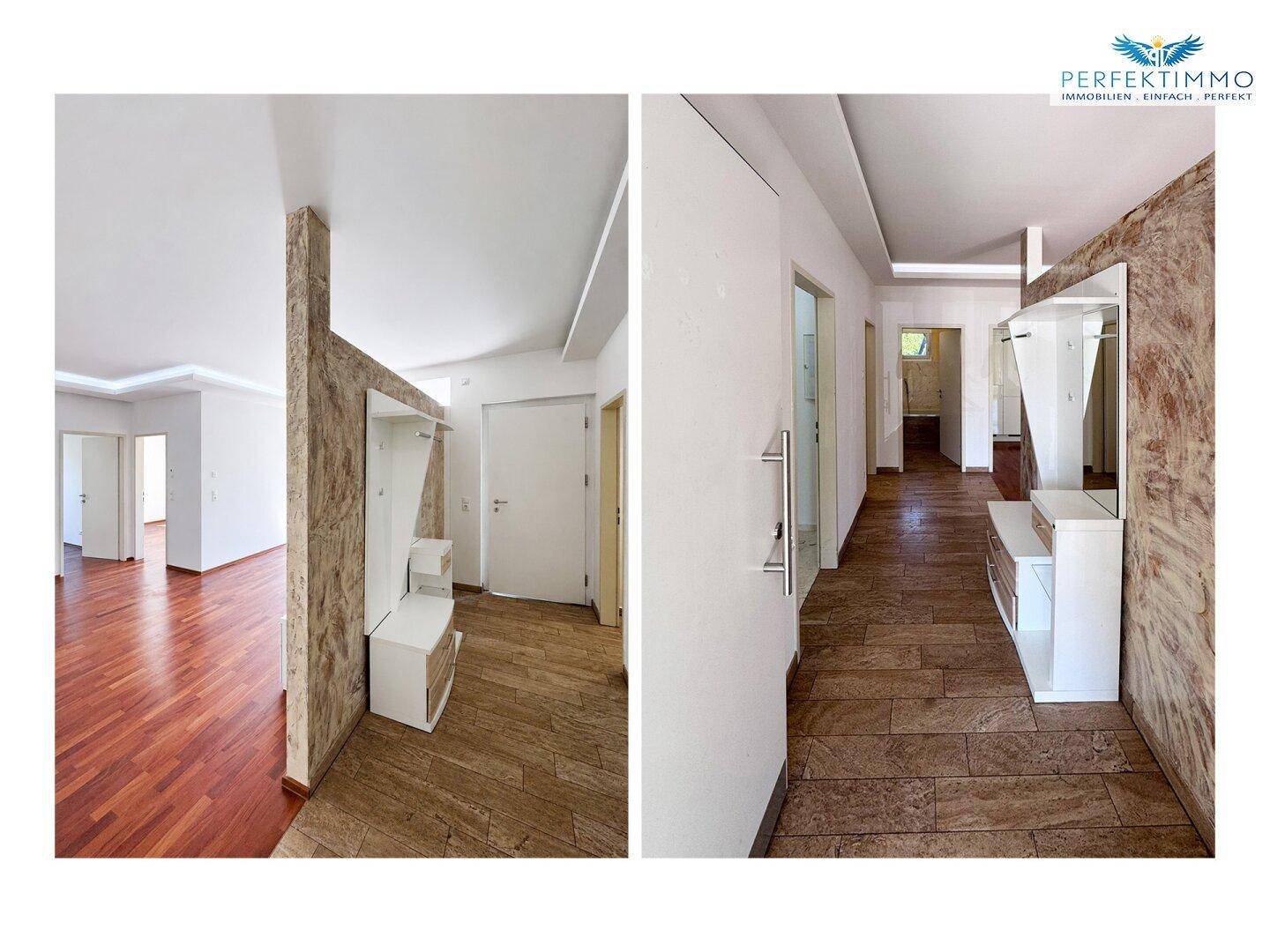 Geräumiger Flur mit modernen Fliesen, Spiegel und integrierter Garderobe.