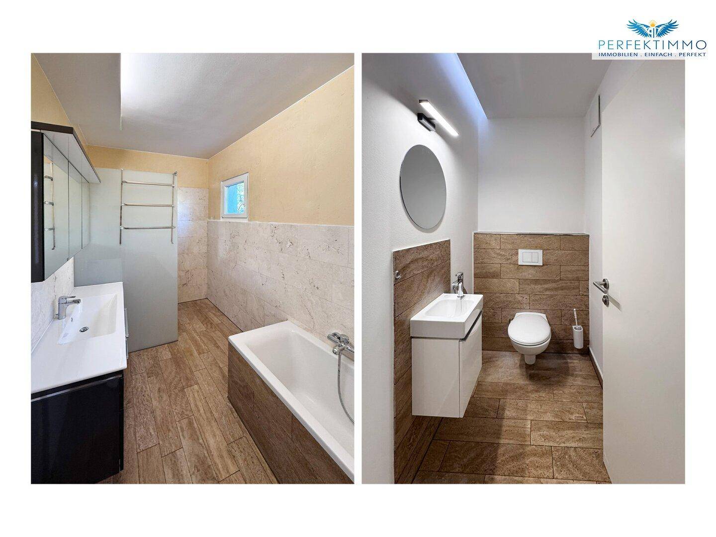 Modernes Badezimmer mit Badewanne, Waschtisch und separatem Gäste-WC.