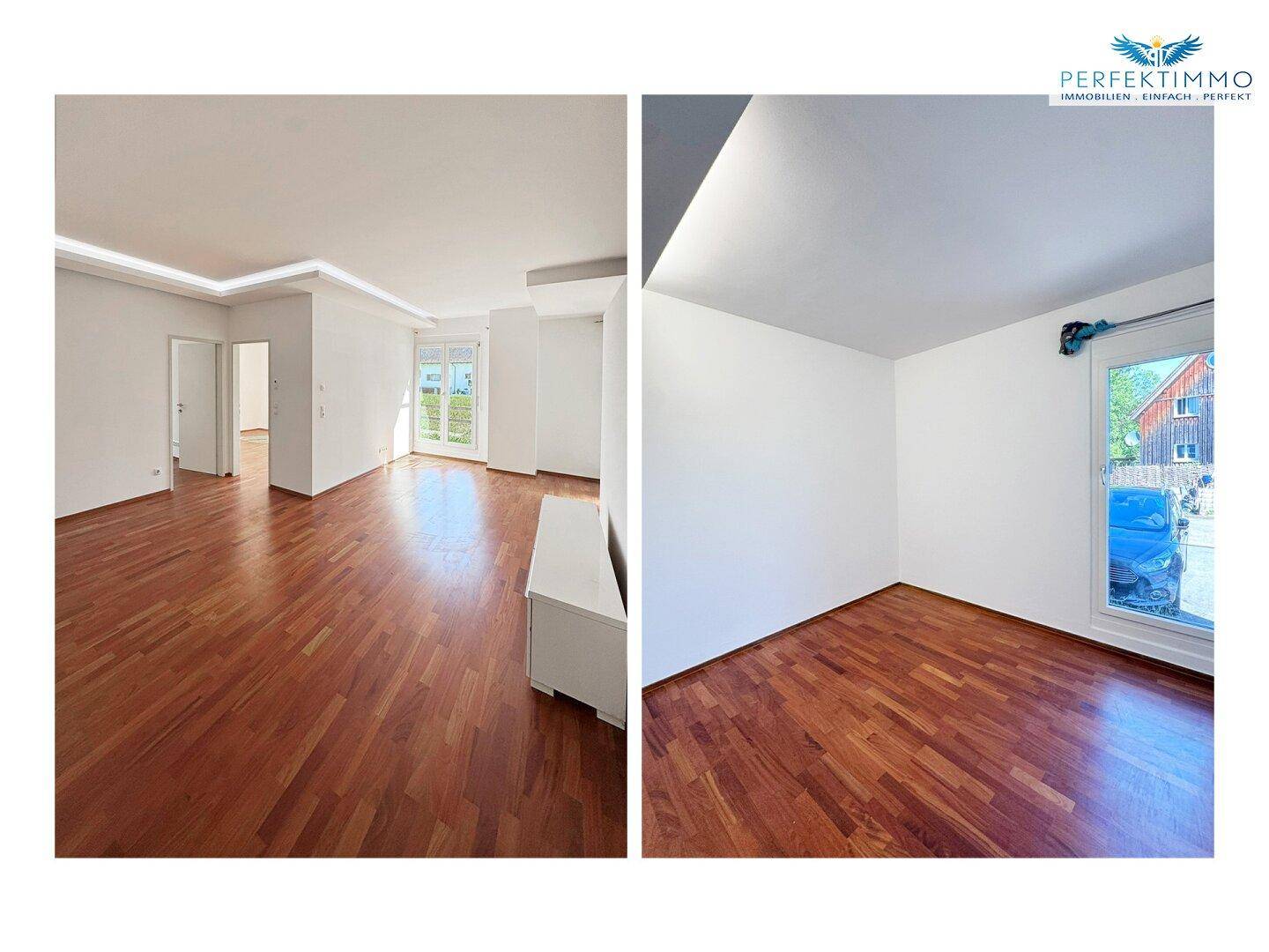 Heller Wohnbereich mit Holzboden, großen Fenstern und viel Tageslicht.